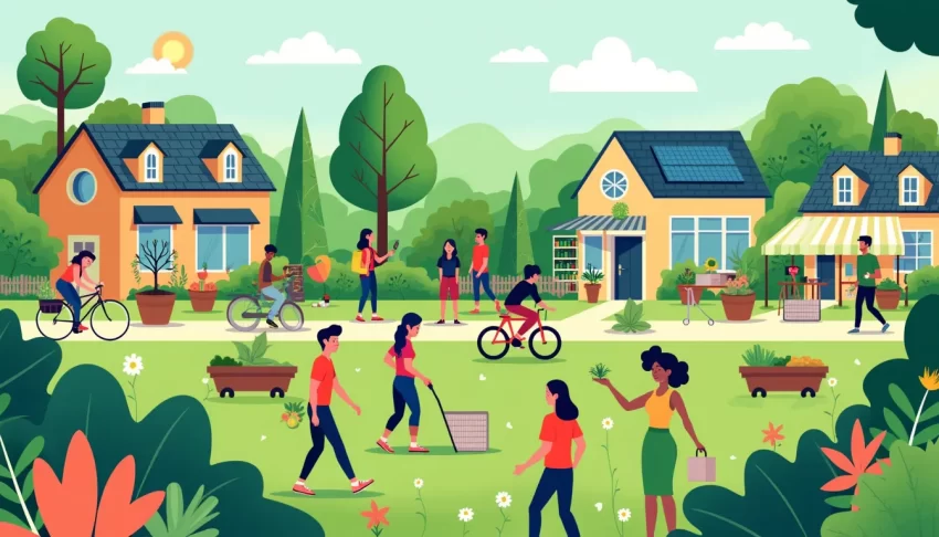 Create an illustration of a vibrant, eco-friendly lifestyle scene featuring diverse individuals actively engaging in various sustainable practices. Include