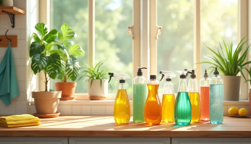 A bright and airy kitchen with natural light streaming through large windows, featuring an array of eco-friendly cleaning products neatly arranged on a woo