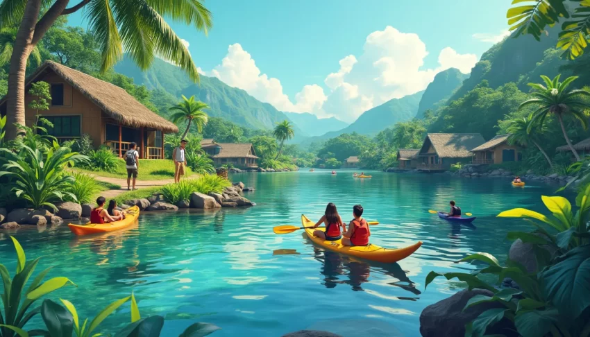 An image depicting a serene tropical landscape with travelers engaging in eco-friendly activities. The scene includes a small group of people kayaking thro