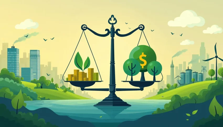 Create an image that illustrates the key principles of economic sustainability. Show a balanced scale with currency symbols on one side and eco-friendly sy