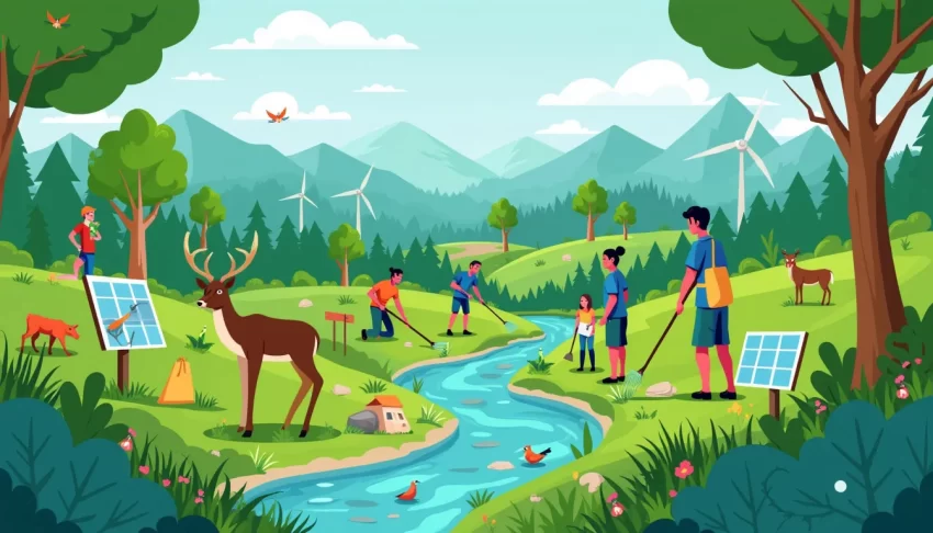 Create an image showing a lush, green forest with diverse wildlife, clear rivers, and blue skies. In the foreground, place a group of people from various b