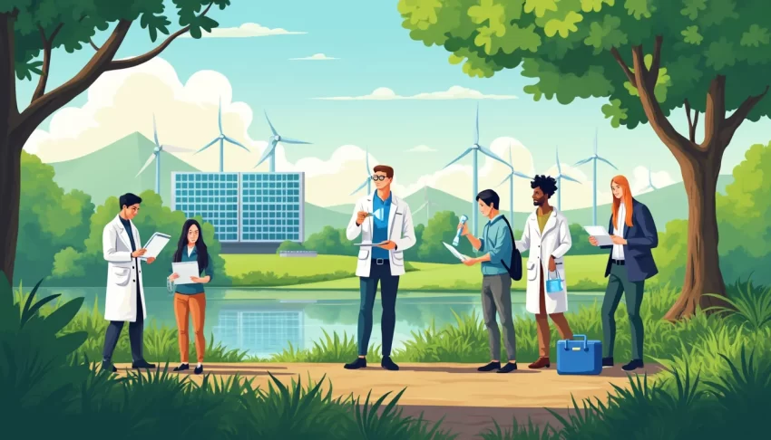 Create an image showing a team of diverse environmental scientists and analysts working together outdoors, surrounded by lush greenery. They are equipped w