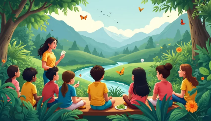 Create an image of a diverse group of students, both children and adults, engaged in an outdoor classroom setting surrounded by lush greenery. They are att