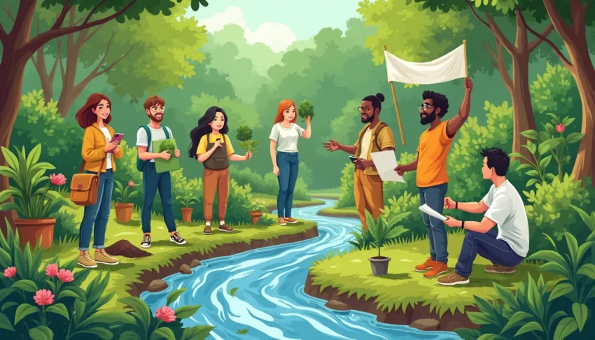 A diverse group of passionate environmental activists gathered for a workshop, set in a lush green outdoor environment with trees and flowing rivers. The g