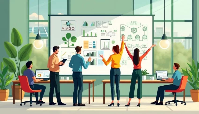 A diverse team of professionals working in a modern, eco-friendly office space, collaborating on a large whiteboard filled with diagrams and charts depicti