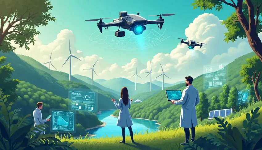 A futuristic scene showcasing advanced environmental monitoring technology, with satellite drones hovering above a lush green forest, scientists in lab coa