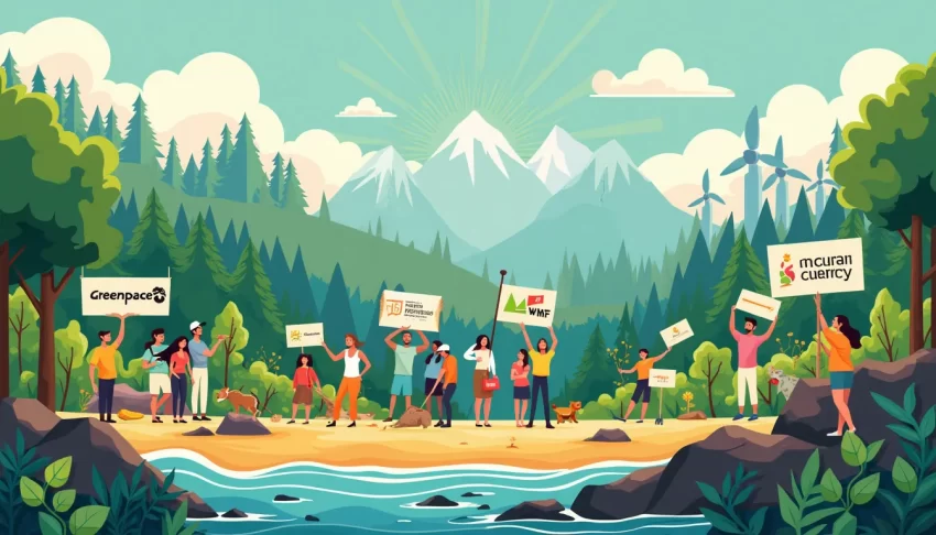 A vibrant and dynamic illustration showing various environmental organizations actively working towards protecting the planet. The scene includes diverse g