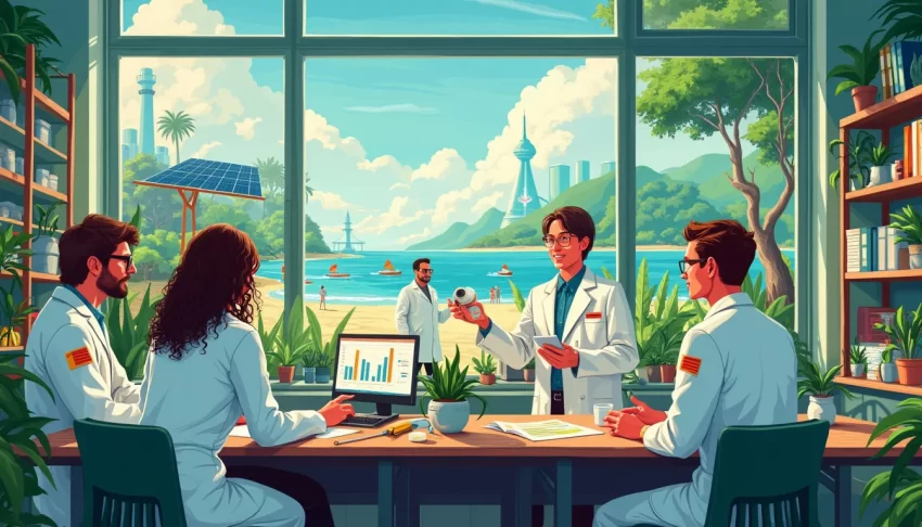 A detailed illustration of scientists and environmental activists collaborating in a bustling research lab filled with charts and data on climate change, p