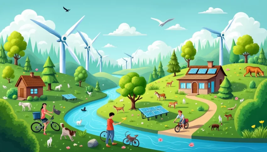 An illustration of a vibrant natural landscape showing various essential environmental services: clean rivers, lush green forests, diverse wildlife, clear