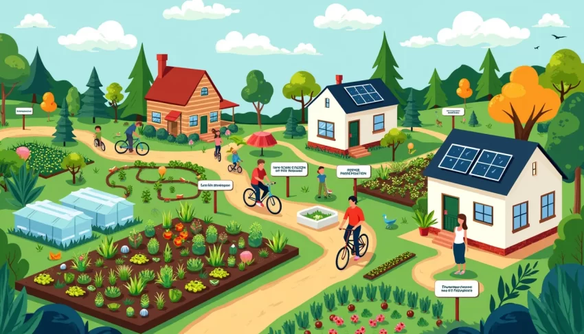 A vibrant illustration showing practical steps towards environmental sustainability: a community garden thriving with diverse plants and vegetables, people