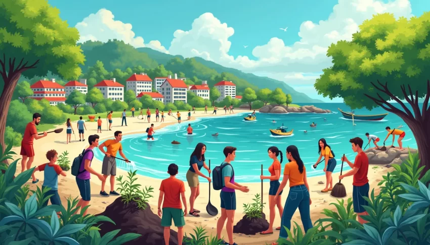 A vibrant and detailed illustration of a diverse group of people working together to clean up a polluted beach, plant trees in an urban setting, and instal