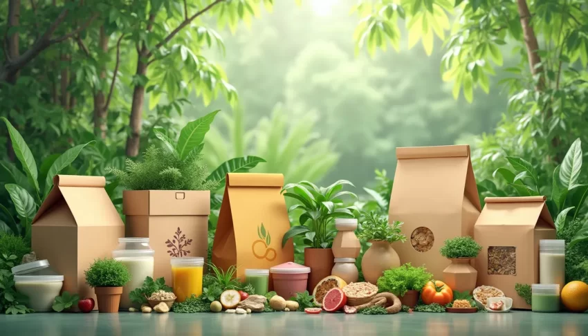 A visually appealing image of a variety of modern, eco-friendly packaging solutions displayed creatively. Include elements such as biodegradable materials,