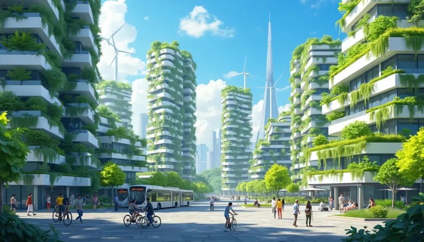 A futuristic cityscape featuring sleek, modern buildings with lush green rooftops and vertical gardens. Prominent signs indicate LEED Certified on several