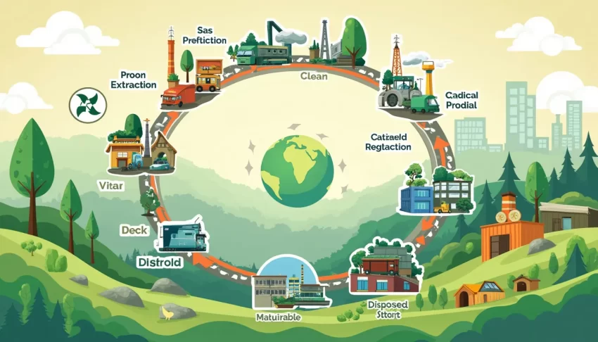 Create an illustration of a product's life cycle ranging from raw material extraction, manufacturing, transportation, usage, to disposal or recycling. Incl