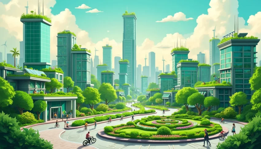 A vibrant, futuristic cityscape featuring green skyscrapers with rooftop gardens, solar panels, and wind turbines. Electric vehicles and bicycles fill the