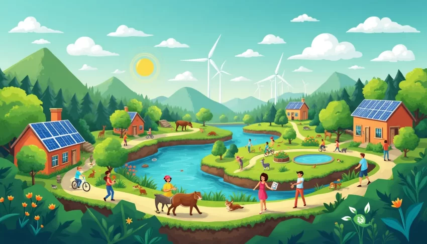 A vibrant illustration depicting a balanced ecosystem where humans, animals, and nature coexist harmoniously. The scene shows solar panels, wind turbines,