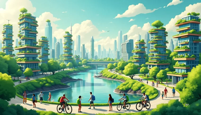 An image of a bustling, futuristic city that is completely green and sustainable, featuring high-rise buildings with rooftop gardens, solar panels, and win