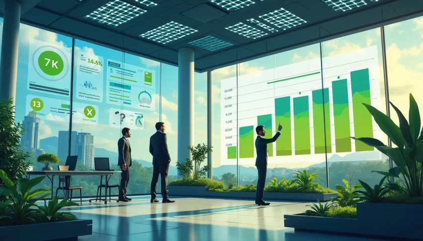 Create an image of a futuristic office building with large windows, surrounded by lush greenery and solar panels on the roof. Inside, business professional