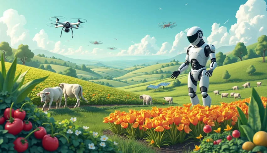 Create an image of a futuristic farm that combines advanced technology with sustainable practices. Showcase robots planting seeds, drones monitoring crops,