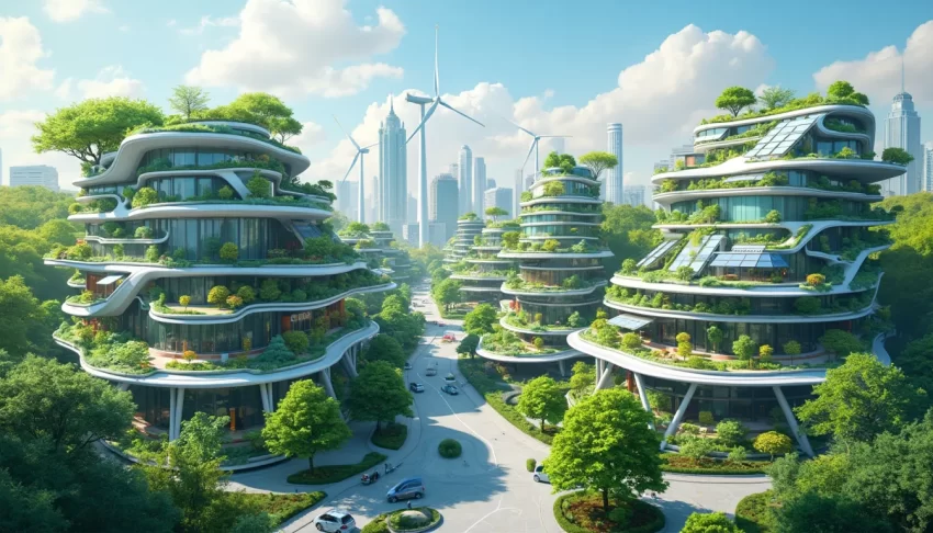 A futuristic cityscape showcasing innovative, eco-friendly buildings with green roofs and vertical gardens, solar panels integrated into sleek, modern desi