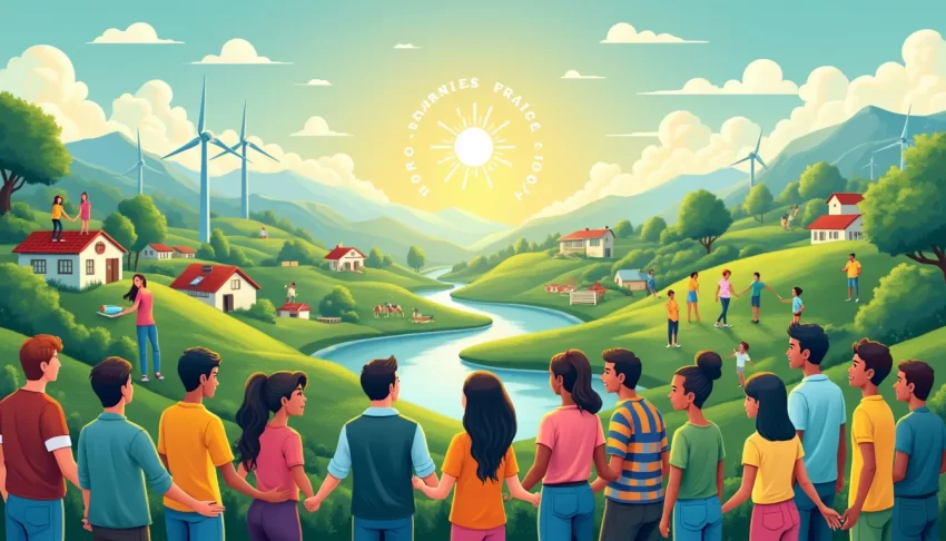 An inspiring and vibrant illustration showing a diverse group of people working together harmoniously to achieve the United Nations Sustainable Development