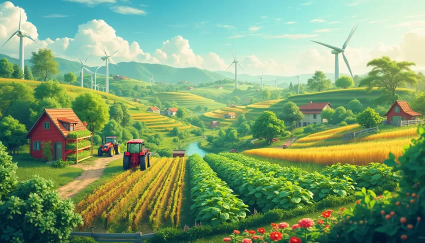 Create an image depicting a lush, vibrant farm set in the near future, showcasing a variety of sustainable farming practices. Include features like solar p