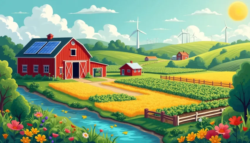 A vibrant farm set in the countryside showcasing various sustainable farming practices. Include solar panels on the barn roof, wind turbines in the backgro