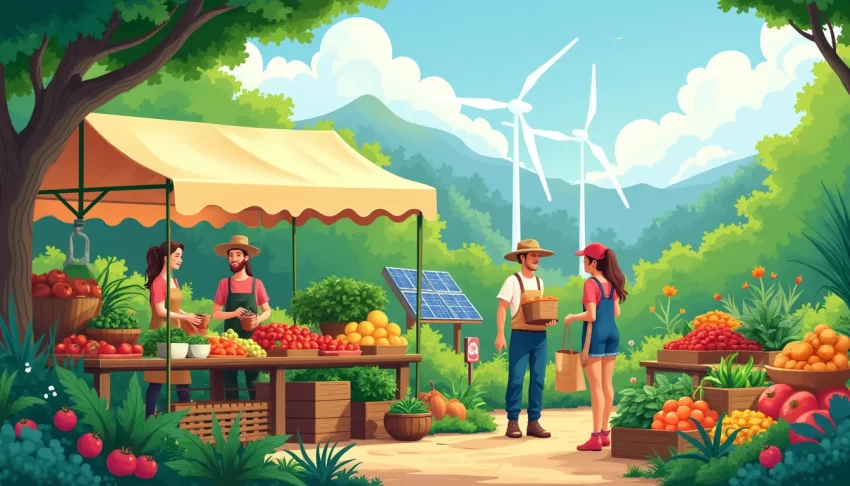 Create an image depicting a vibrant farmer's market surrounded by lush greenery, showcasing a variety of colorful, fresh organic produce. Farmers and shopp