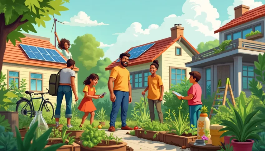 Create an image of a diverse family enthusiastically engaging in various sustainable practices in their urban garden. Some members are planting vegetables,