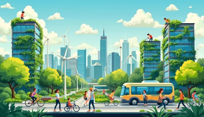 A vibrant cityscape featuring cutting-edge green technologies and eco-friendly infrastructure. Solar panels are installed on rooftops, wind turbines are se