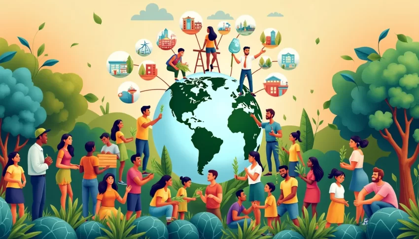 A vibrant and detailed illustration depicting diverse people from around the world working together to achieve the UN Sustainable Development Goals; variou